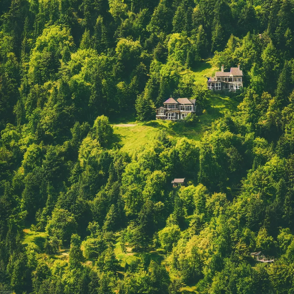 Image similar to beautiful landscape, home on the top of a hill surrounded by trees, natural lighting, 35mm photography, highly detailed, 8K, artgerm, cgsociety, warm lighting