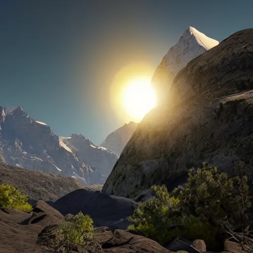 Prompt: small solar eclipse above mountains, highly detailed, photorealistic shot, bright studio setting, studio lighting, crisp quality and light reflections, unreal engine 5 quality render