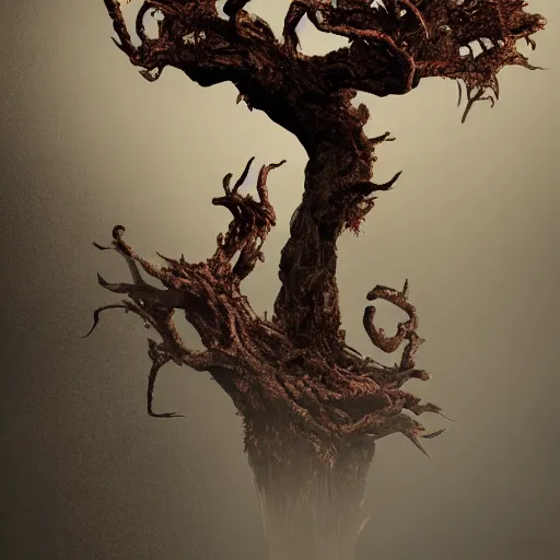 Prompt: the shrike, a cruel terrific creature, impales its victims upon the tree of pain, an immense structure made of a similar material as the entity, condemned to suffer eternally, hyperrealist, breathtaking, cinematic, conceptual art, dark fantasy, intricate digital art, lovecraftian, horror, alien, 8 k, trending on artstation