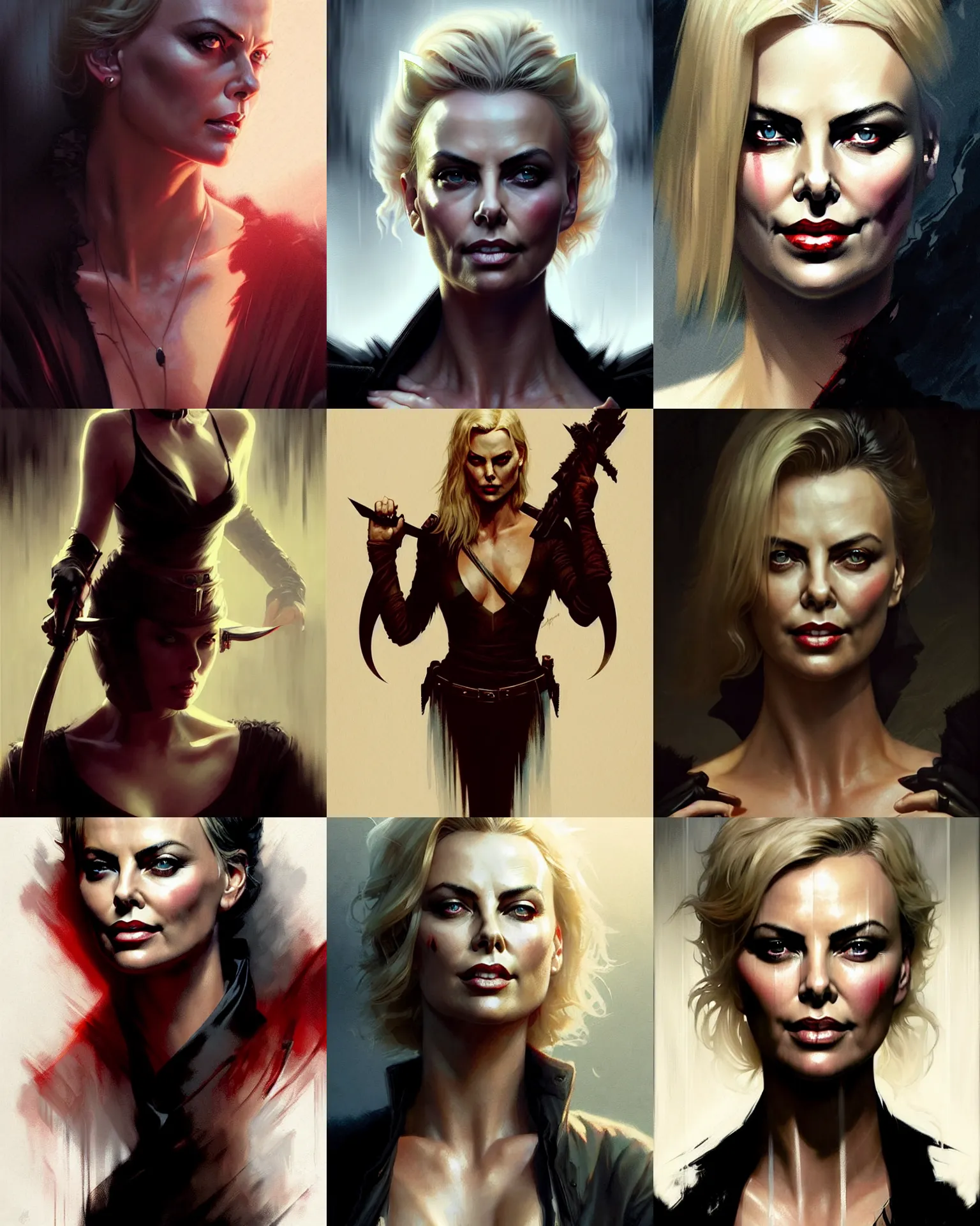 Prompt: mix charlize theron and margot robbie vampire hunter, fine details, realistic shaded lighting poster by greg rutkowski, magali villeneuve, artgerm, jeremy lipkin and michael garmash and rob rey