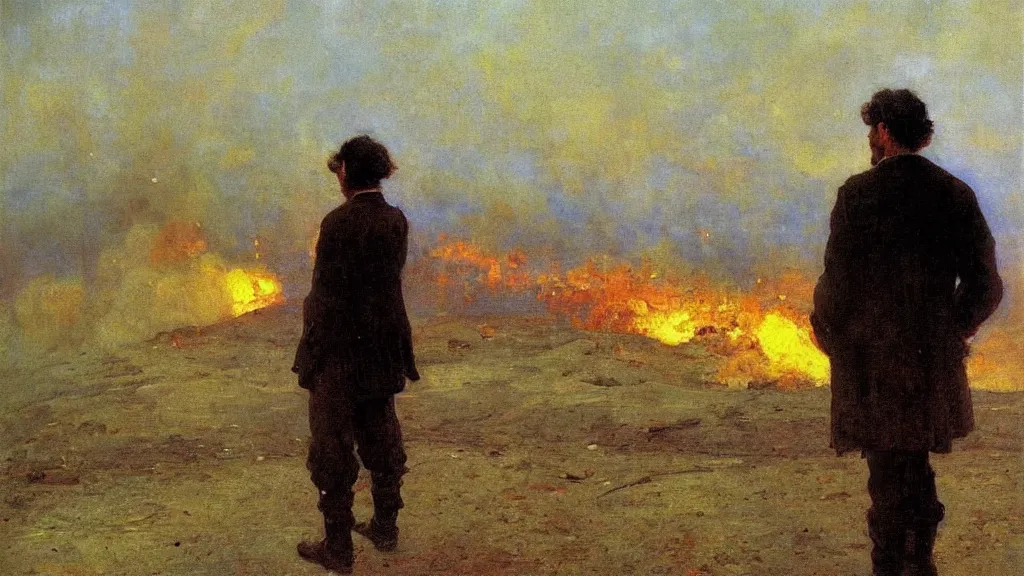 Image similar to high quality high detail painting by ilya repin, man standing in front of huge explosion, cinematic, hd