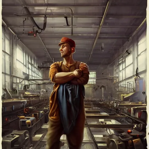 Prompt: beautiful plumber posing in factory, portrait, perfect symmetrical eyes, cinematic by peter mohrbacher, detailed, hyperrealism