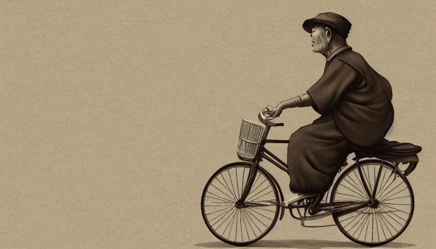 Prompt: Side view of an old Japanese man on his bicycle riding along a river in sepia, hyperdetailed, artstation, cgsociety, 8k