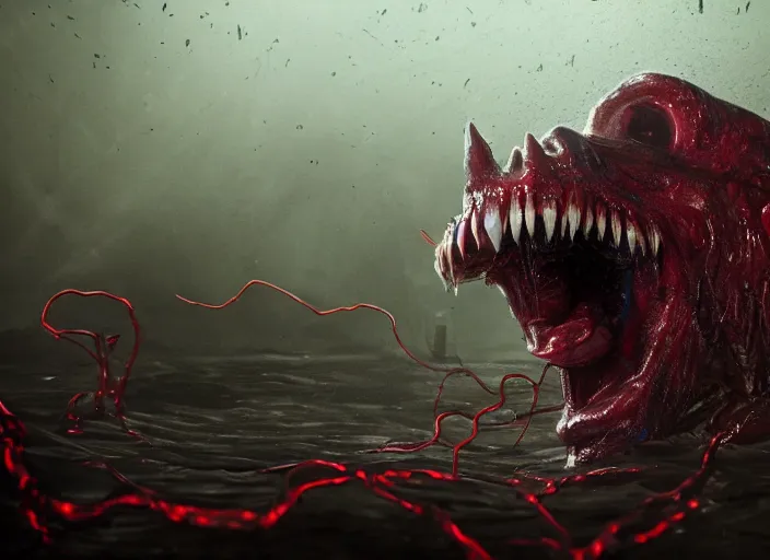 Prompt: a giant slimy creepy monster, very long slimy tongue, saliva, mouth inside a mouth, many long wet tongues, translucent skin, fangs, red glowing veins, thin blue arteries, cinematic colors, standing in shallow water, insanely detailed 8 k artistic photography, dramatic lighting