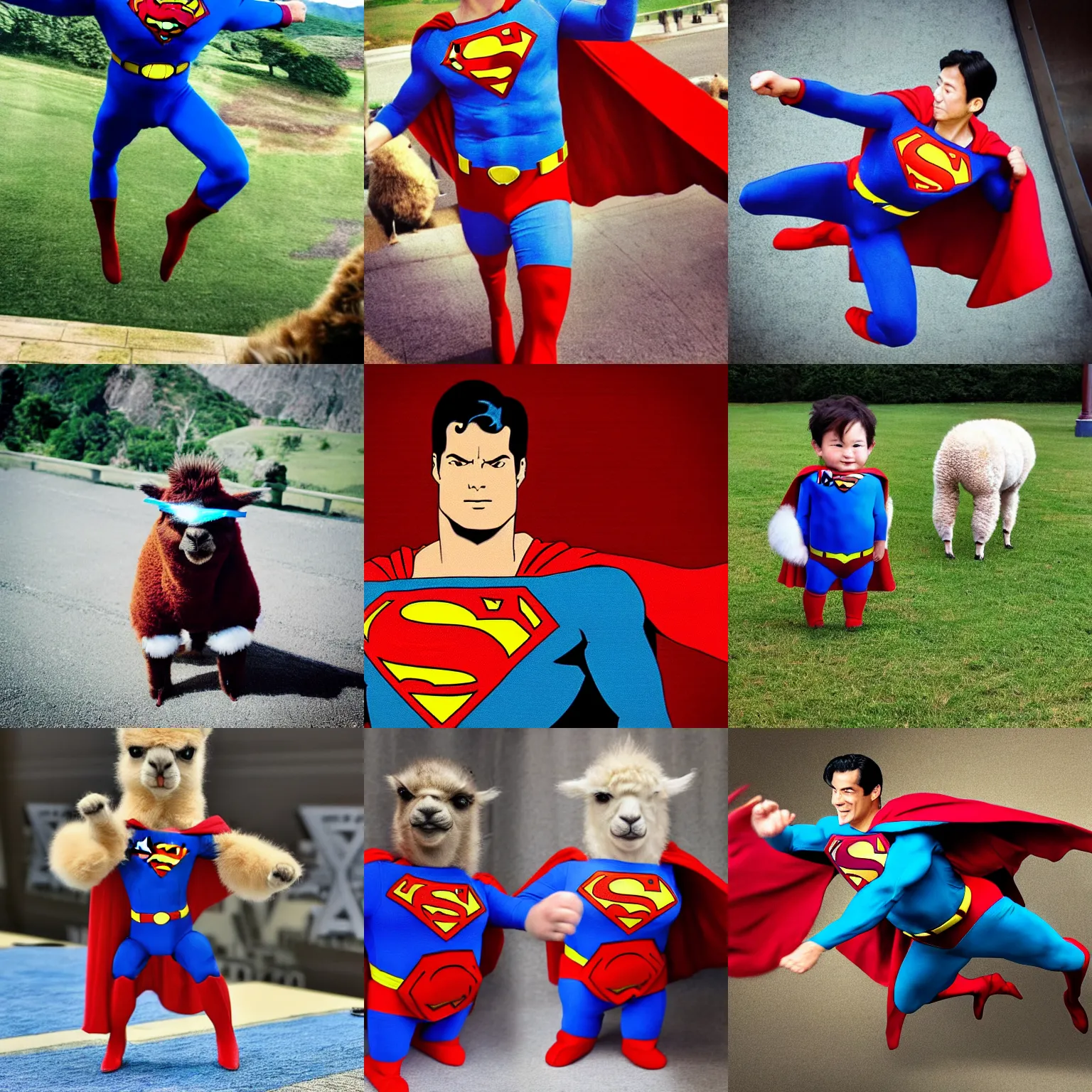 Prompt: <photograph quality=very-high type=candid>Alpaca as Superman</photograph>