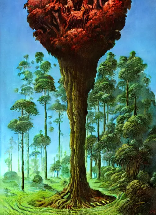 Image similar to hyper realistic end of the weak gorgeous lighting, blue sky, highly detailed, lush forest by zdzisław beksinski and norman rockwell and greg rutkowskiweta studio, and lucasfilm