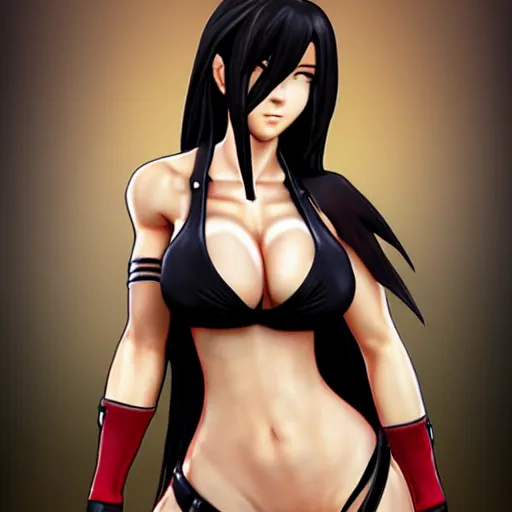 Image similar to beautiful tifa from final fantasy in a bikini, drawn by artgerm