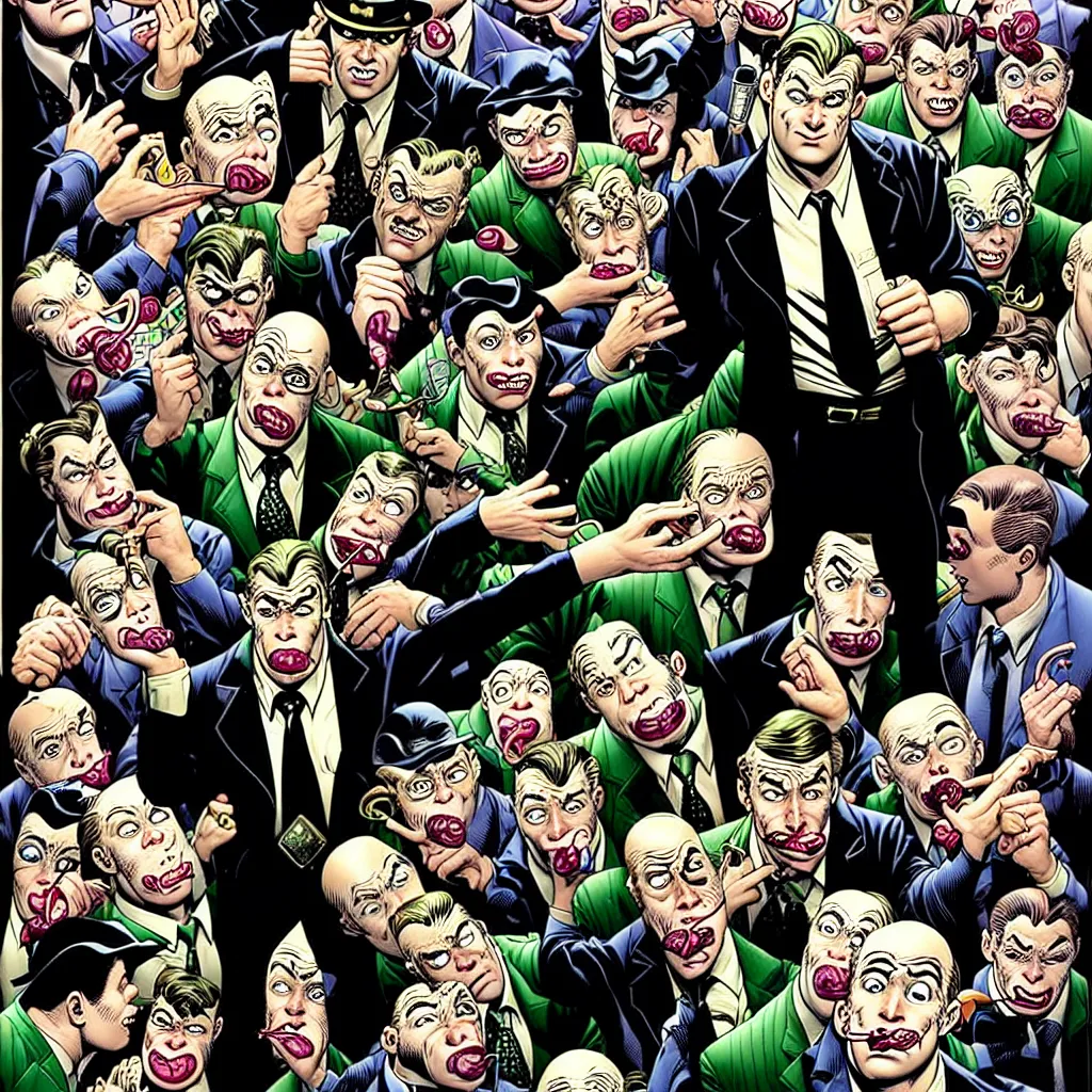 Image similar to drawing of gotham city's finest investigative reporter jack ryder with 1 4 tiny jokers reaching out of his mouth, 4 k art by brian bolland, graphic novel cover art