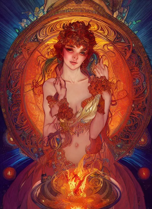 Image similar to Fire Goddess, ambient lighting, 4k, josephine wall, alphonse mucha, lois van baarle, ilya kuvshinov, rossdraws, artstation