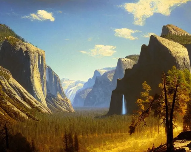 Image similar to albert Bierstadt painting looking down Yosemite valley by yoji shinkawa very beautiful 4k