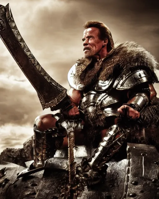 Image similar to arnold schwarzenegger as king conan, directed by john millius, photorealistic, sitting on a metal throne, wearing ancient cimmerian armor, a battle axe to his side, he has a beard and graying hair, on the floor in front of him is an armored komodo dragon, cinematic photoshoot in the style of annie leibovitz, studio lighting