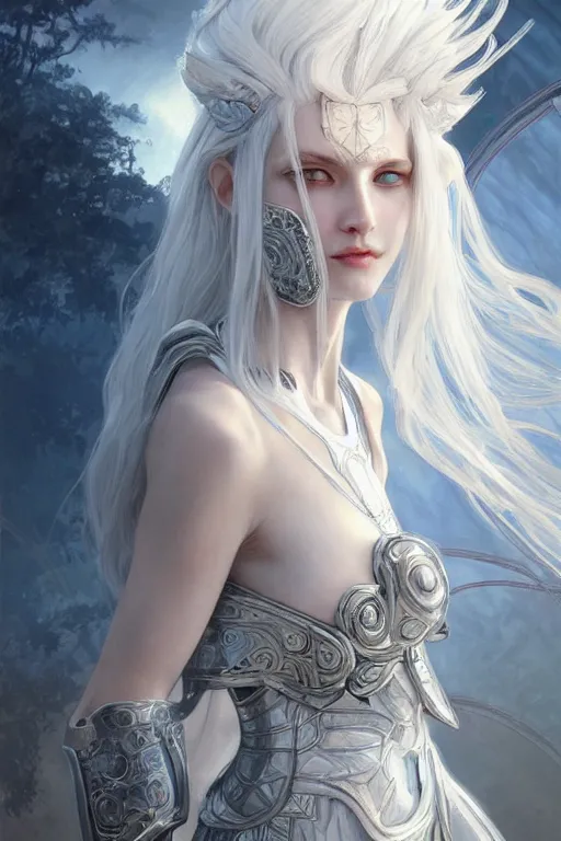 Prompt: portrait white hair knights of Zodiac girl, Sliver ice color reflected armor, in ruined Agora of Athens Sunrise, ssci-fi and fantasy, intricate and very very beautiful and elegant, highly detailed, digital painting, artstation, concept art, smooth and sharp focus, illustration, art by tian zi and WLOP and alphonse mucha