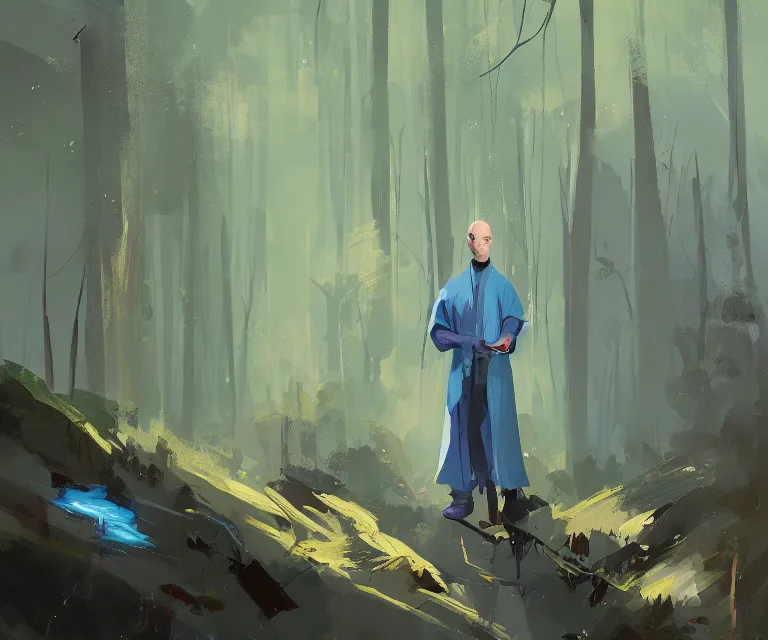 Image similar to painting portrait of a young bald blue - skinned wizard in a forest, masterpiece, trending on artstation, by ismail inceoglu