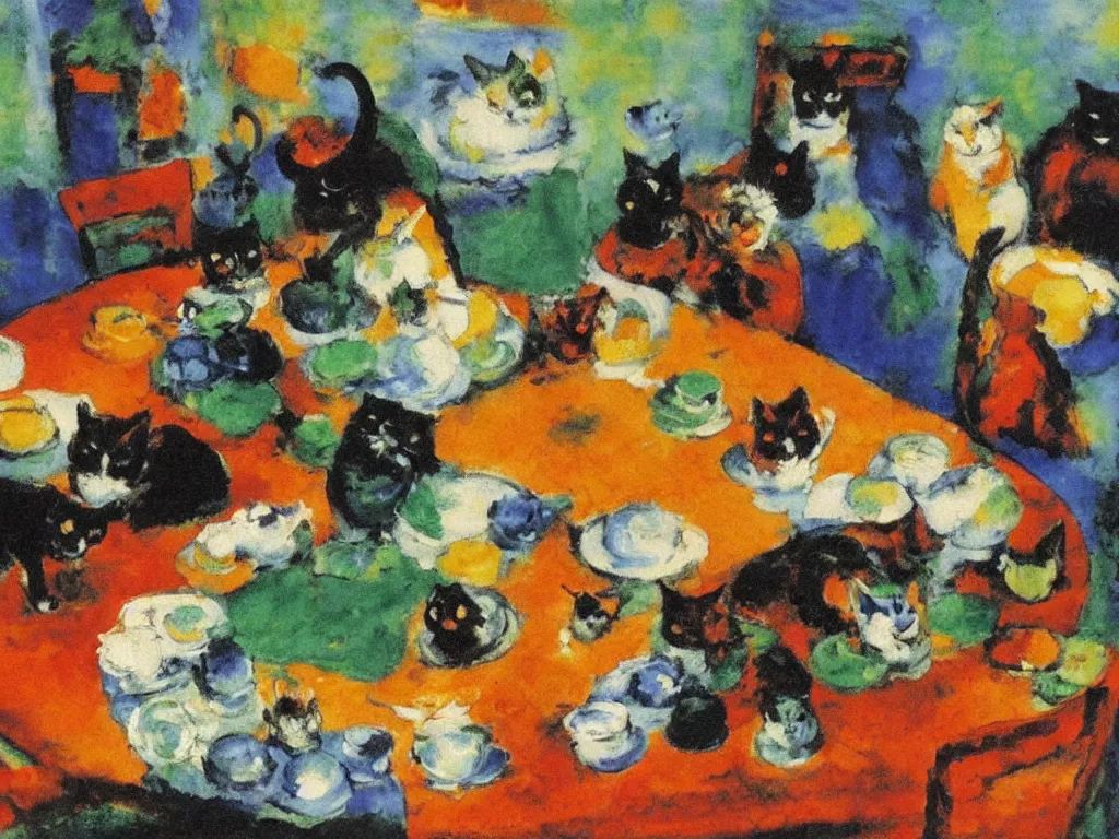 Prompt: Seven cats breaking the tableware. Painting by Emil Nolde