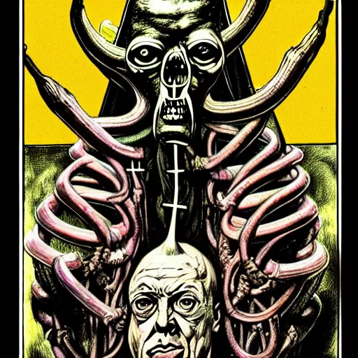 Image similar to graphic illustration, creative design, aleister crowley, biopunk, francis bacon, highly detailed, hunter s thompson, occult, magical, concept art