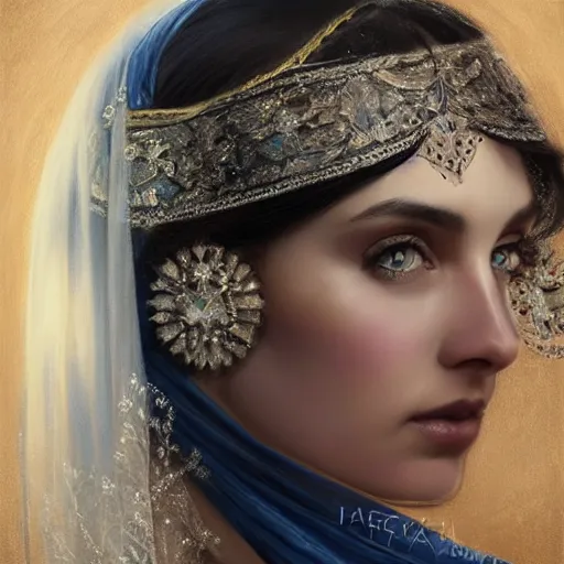 Image similar to ameera al taweel, bright blue eyes, long wavy black hair, white veil, front closeup, cinnamon #b57e59 skin color, highly detailed, centered, oil painting, artstation, concept art by tom bagshaw