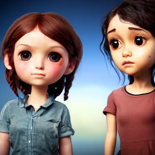 Prompt: Extremely cute and adorable 8k HD key visual of Ellie (The Last of Us) and Ariana Grande posing for the camera making an awesome pose, official media, designed by Mark Ryden and artgerm and Margaret Keane. The art style is quite chibi, with large heads and big wide eyes. 3D render diorama Macro photography