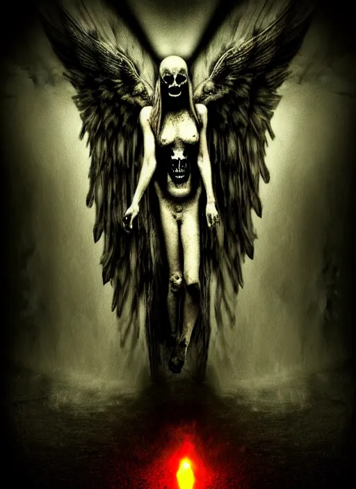 Prompt: angel of death descending, psycho stupid fuck it insane, looks like death but cant seem to confirm, cinematic lighting, psychedelic experience, various refining methods, micro macro autofocus, ultra definition, award winning photo, to hell with you, glowing bones, devianart craze, a gammell - giger film