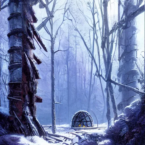 Image similar to stairs leading to a frozen derelict portal in a middle of a snowy lush futuristic forest, lush world seen only through a portal, daylight, cinematic lighting, blue sky, syd mead, john harris