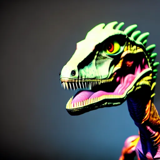 Image similar to a velociraptor with electric collars around its body infected by an alien implant, photorealistic 3 d octane render, unreal engine