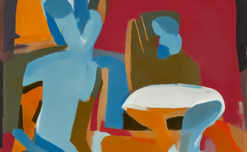 Image similar to painting of seated figure with big hands. in the style of ivon hitchins and john craxton. still life on a table. studio lighting. large hands drawing on painting, brush marks. holding. expressive abstracted figures. ai