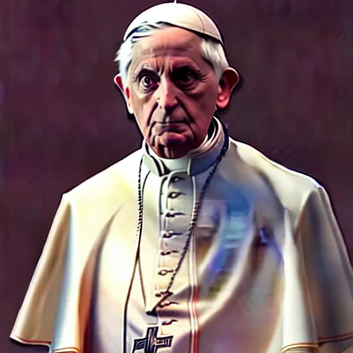 Prompt: pope benedict xvi standing in a curch, digital painting, greg rutkowski, artstation, cinematic, matte painting