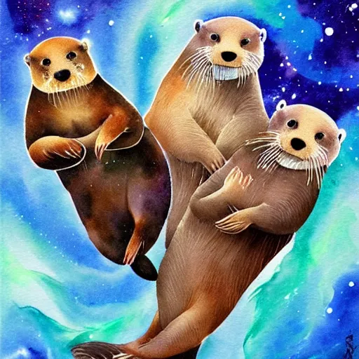 Prompt: otters in space. watercolor. vibrant. amazing painting. beautiful. high resolution. highly realistic. cool tones. close - up. 8 k. trending on artstation.