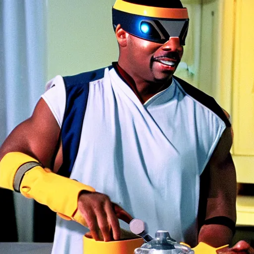 Image similar to Geordi LaForge wearing visor and a colander and random kitchen tools on his head