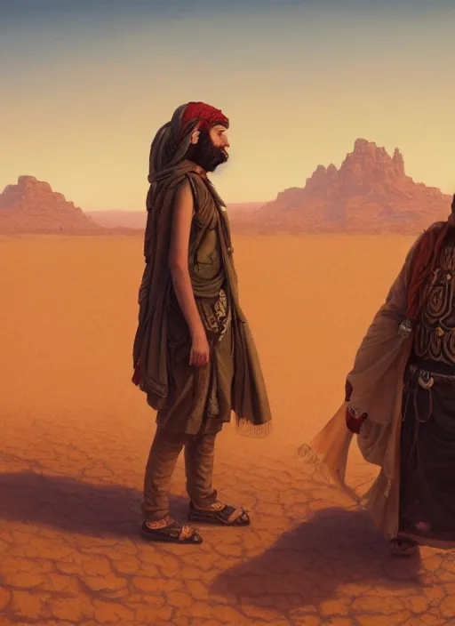 Prompt: highly detailed painting of two jews in the desert, detailed faces, unreal engine, greg rutkowski, ilya kuvshinov, ross draws, tom bagshaw, tom whalen, nicoletta ceccoli, mark ryden