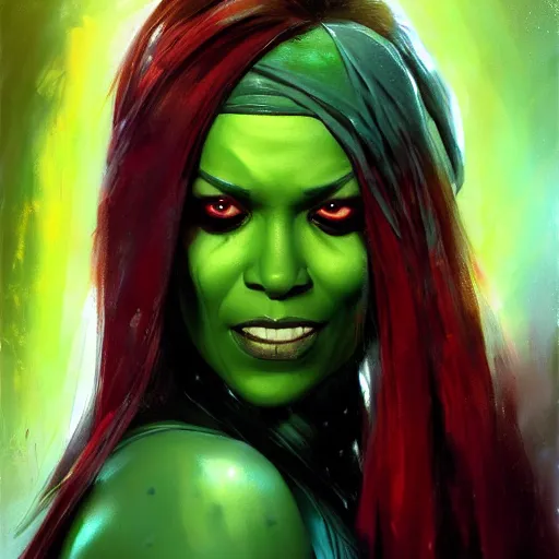 Prompt: Gamora, paint by Raymond Swanland