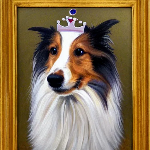 Prompt: portrait sheltie as king with crown and trident, oil painting