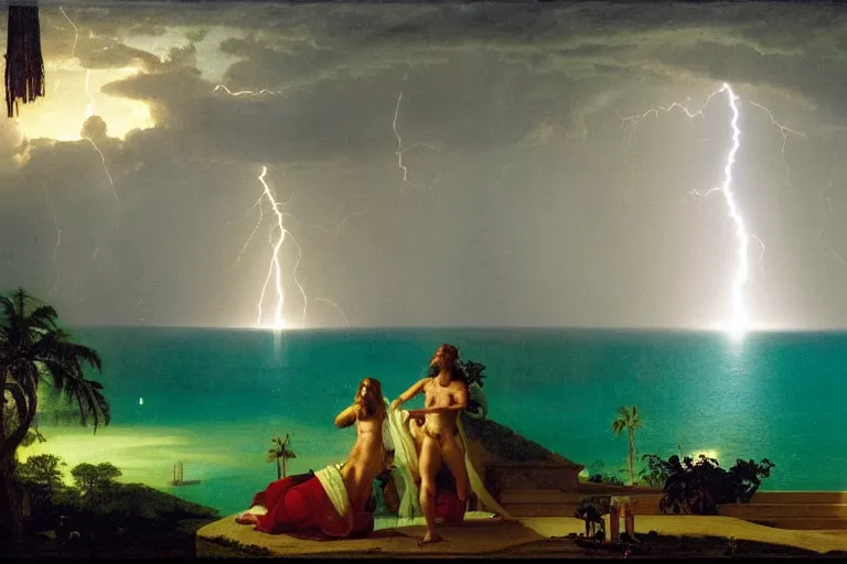 Image similar to From inside of the palace, refracted lightnings on the ocean, thunderstorm, greek pool, beach and Tropical vegetation on the background major arcana sky and occult symbols, by paul delaroche, hyperrealistic 4k uhd, award-winning, very detailed paradise