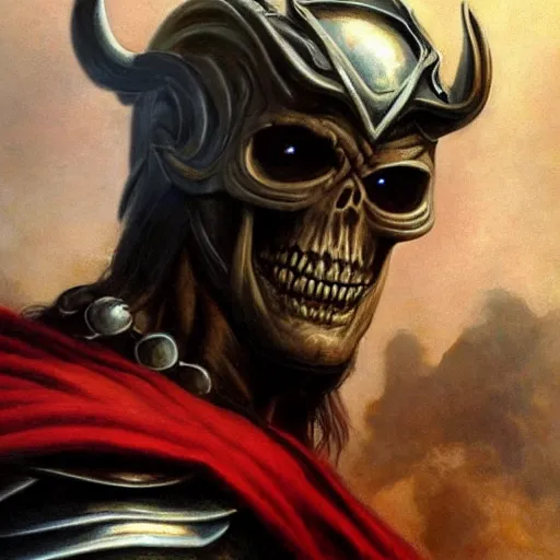 Prompt: ultra realistic portrait painting of skeletor as thor, art by frank frazetta, 4 k, ultra realistic, highly detailed, epic lighting