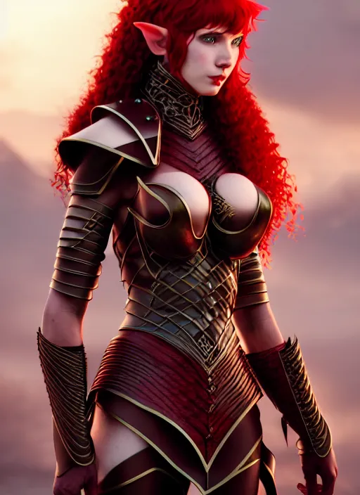 Image similar to leather armor!!! beautiful and elegant curly red hair female elf!! gorgeous ayes!! character concept art, sharp focus, octane render! unreal engine 5! highly rendered!! trending on artstation!! detailed linework!! illustration by artgerm, wlop, and chie yoshii