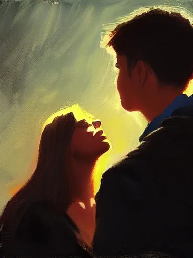 Prompt: masterpiece painting by jean hugo, of a solo individual portrait of a guy and a girl kissing, cinematic light, atmospheric effects, artstation