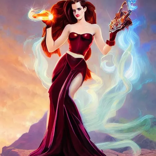 Image similar to emma watson dressed as jessica rabbit holding a glowing wand in one hand and a large leather bound book, fantasy, intricate, elegant, highly detailed, digital painting, artstation, concept art, matte, sharp focus, illustration, in the style of magic the gathering, art by artgerm and greg rutkowski and alphonse mucha