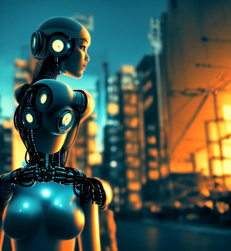 Image similar to a photo close up cyberpunk half robot half girl stands in a cyberpunk hiroshima, prefecture streets, sunset, photorealistic, cinematic lighting, very detailed, style by tomino - sama