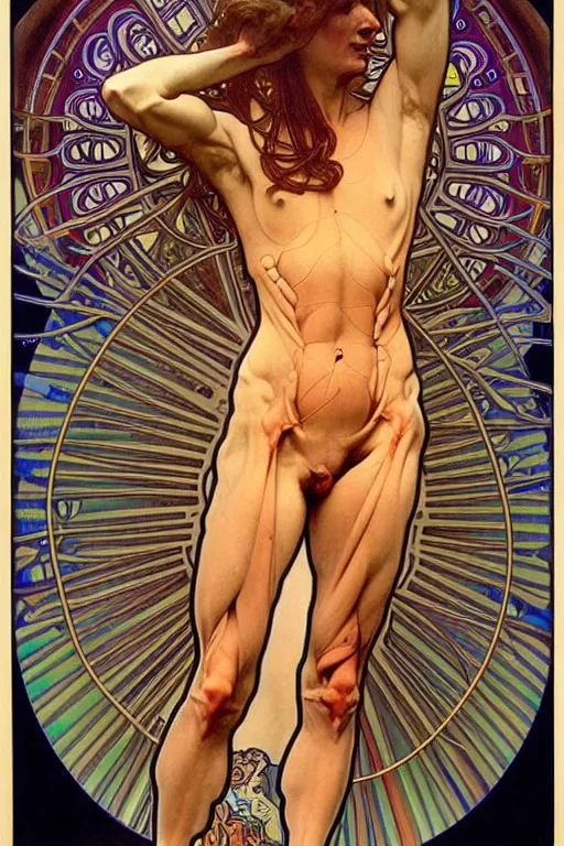 Image similar to extremely psychedelic anatomically accurate model of the full human muscular system infected by night, full body, intricate parts, fine details, hyper - realistic, elegant minimalism. by seichen, alphonse mucha, surreal