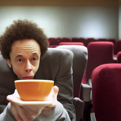 Prompt: malcolm gladwell eating beans from a bowl in an empty AMC movie theater, high res, 4k, realistic