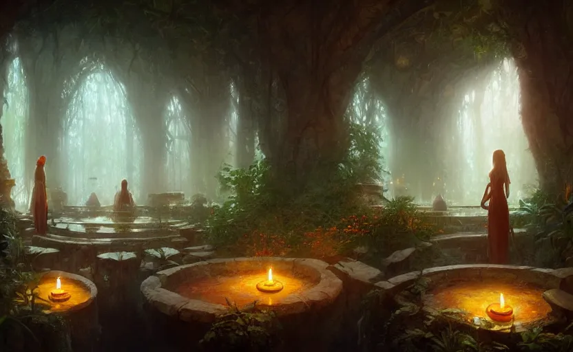 Image similar to painting of an interior of an elven hot spring with candles, natural light, fantasy, lush plants and flowers, natural light, concept art, by greg rutkowski and craig mullins, cozy atmospheric and cinematic lighting, trending on artstation