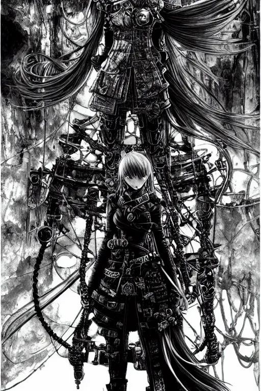 Image similar to a vertical portrait of a character in a scenic environment by Yoshitaka Amano and Nihei Tsutomu, black and white, dreamy, steampunk armor, highly detailed