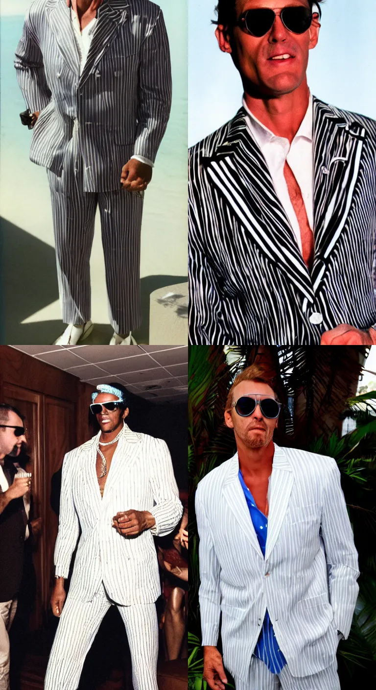Prompt: a tall, muscular man, at a party, in a white pinstriped suit, hawaiian shirt underneath, sunglasses, garish, 8 0 s fashion