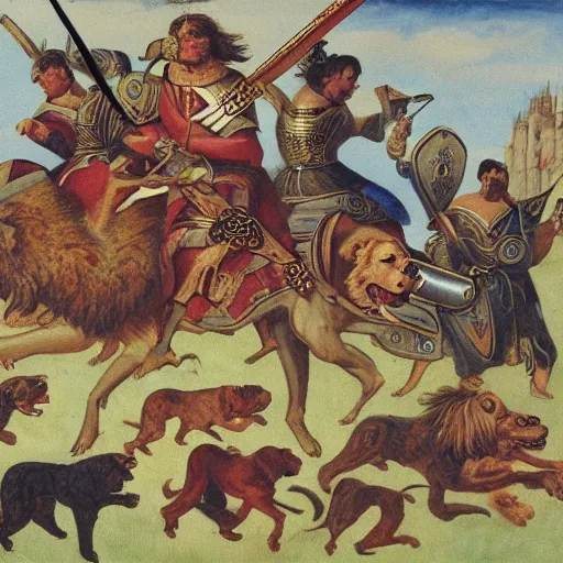 Image similar to Dog warriors riding lions into battle, medieval weapons and armour