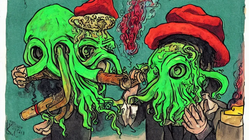 Prompt: an extremely drunk cthulhu smoking a joint in rastafari clothes