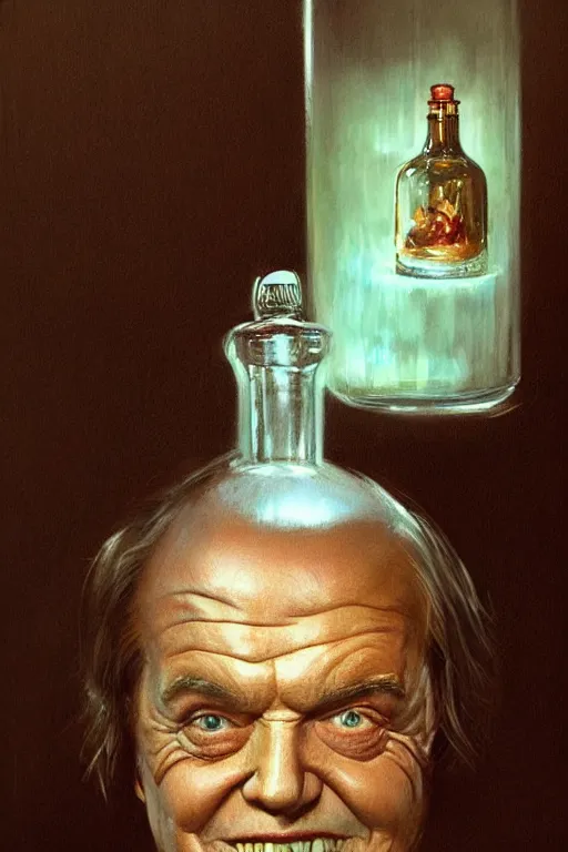 Prompt: a ship in a bottle but instead of a ship it is jack nicholson in the bottle, the shining, masterpiece painting by artgerm, greg rutkowski, tom bagshaw