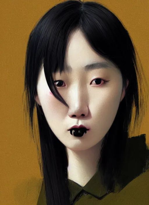 Image similar to portrait of a korean woman with a crooked nose and a confident expression, 1 9 6 0 s, black clothes, goth, punk, brightly coloured hair, funk, intricate, elegant, highly detailed, digital painting, artstation, concept art, smooth, sharp focus, illustration, art by wlop, mars ravelo and greg rutkowski