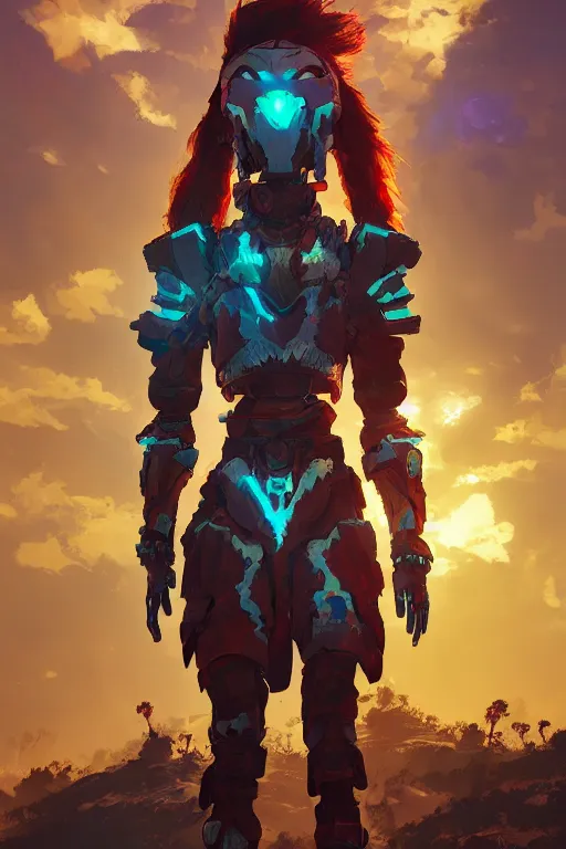 Image similar to combination suit armor aloy horizon forbidden west horizon zero dawn radiating a glowing aura global illumination ray tracing hdr fanart arstation by ian pesty and alena aenami artworks in 4 k tribal robot ninja mask helmet backpack