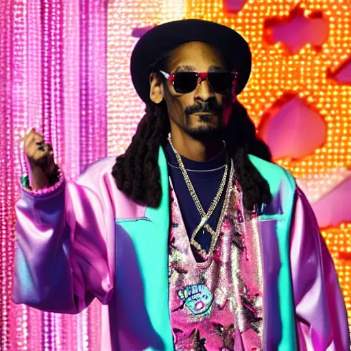 Prompt: Snoop Dogg wearing a pink sequin jacket and a sombrero, standing hosting a game show stage, studio lighting