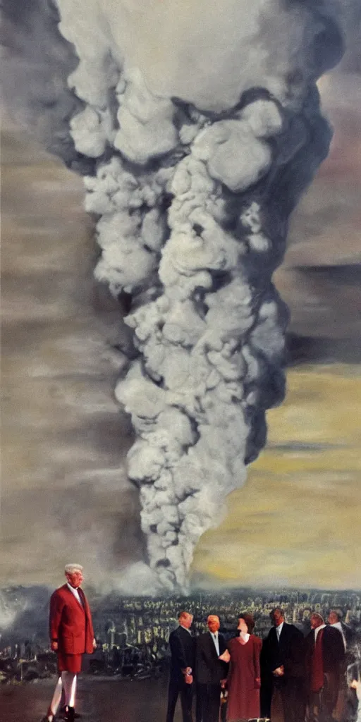 Image similar to United States President viewing the destruction of the Capital, Nuclear Cloud, 1958, Oil on Canvas, Antiwar, full body