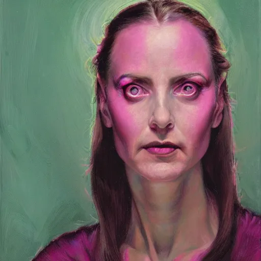 Image similar to portrait of a woman with eyes glowing magenta, and plasma hands magenta, by donato giancola.